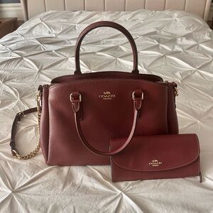 Coach Burgundy Leather Handbag and Wallet Set